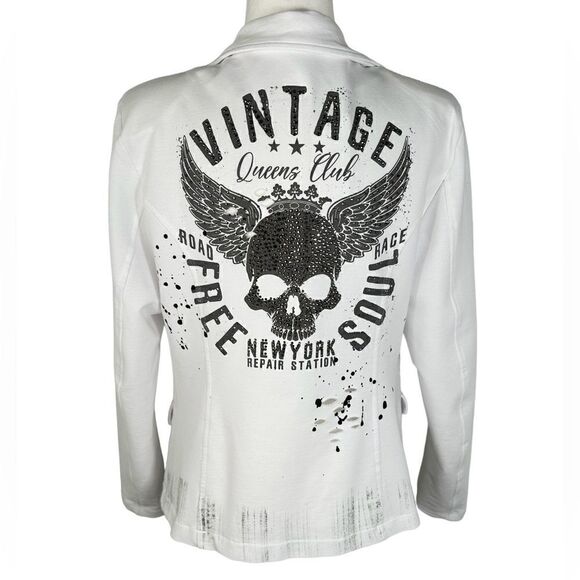 Nice Istanbul By Zerga Womens White & Grey Rhinestone Skull Print Blazer - Picture 1 of 13